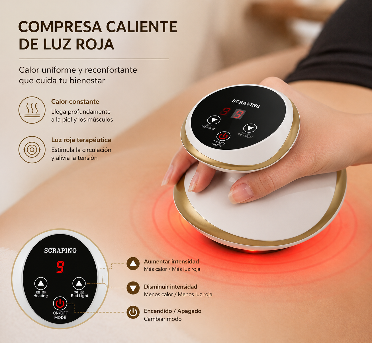Masajeador reductivo Vibrixa Pro Guasha con 12 velocidades, muestra su diseño compacto y controles en la imagen.