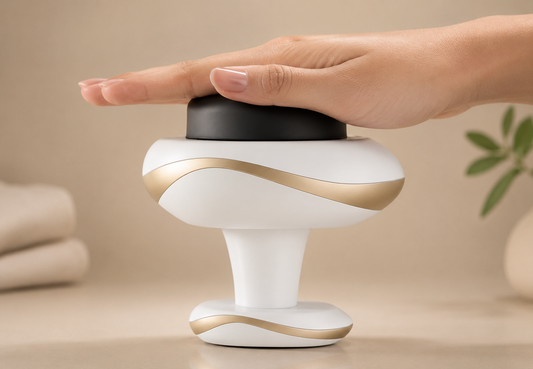 Masajeador reductor Pro Guasha Vibrixa con 12 velocidades, muestra el dispositivo en uso con textura de silicona y control táctil.